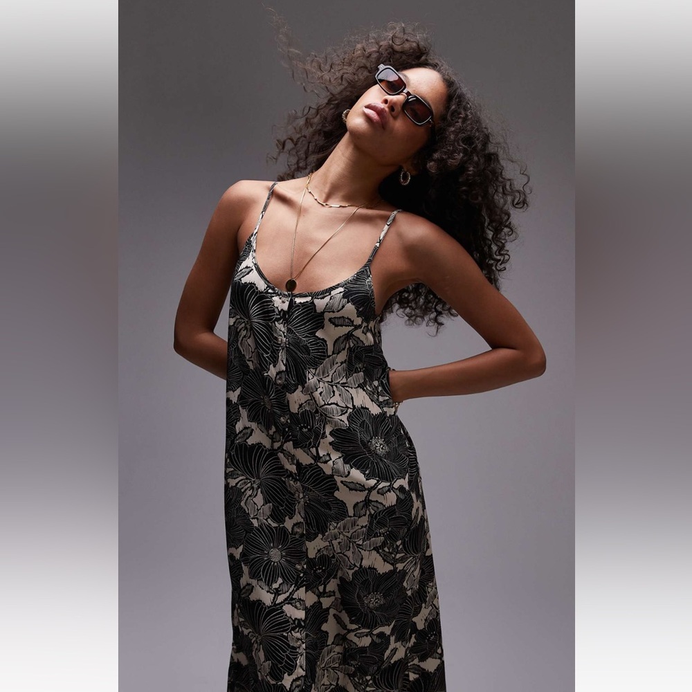 Topshop Black and Cream Floral Midi Dress